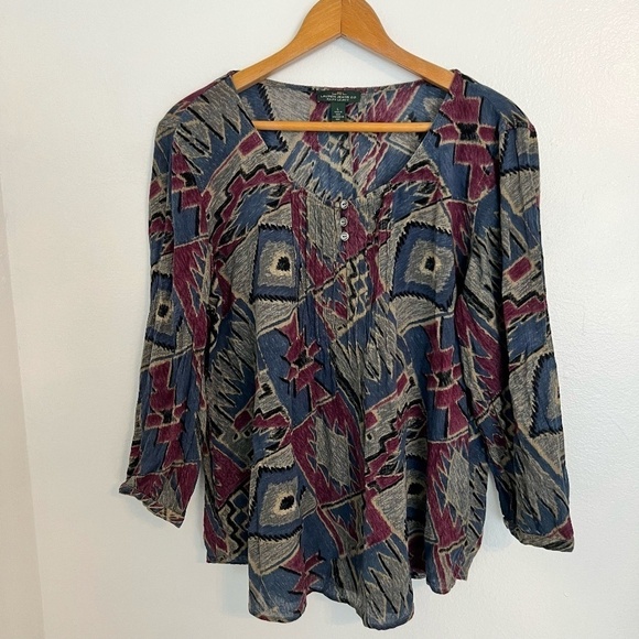 Ralph Lauren Cotton Multicolored Aztec Print Pleated‎ Blouse Size L - Picture 1 of 8